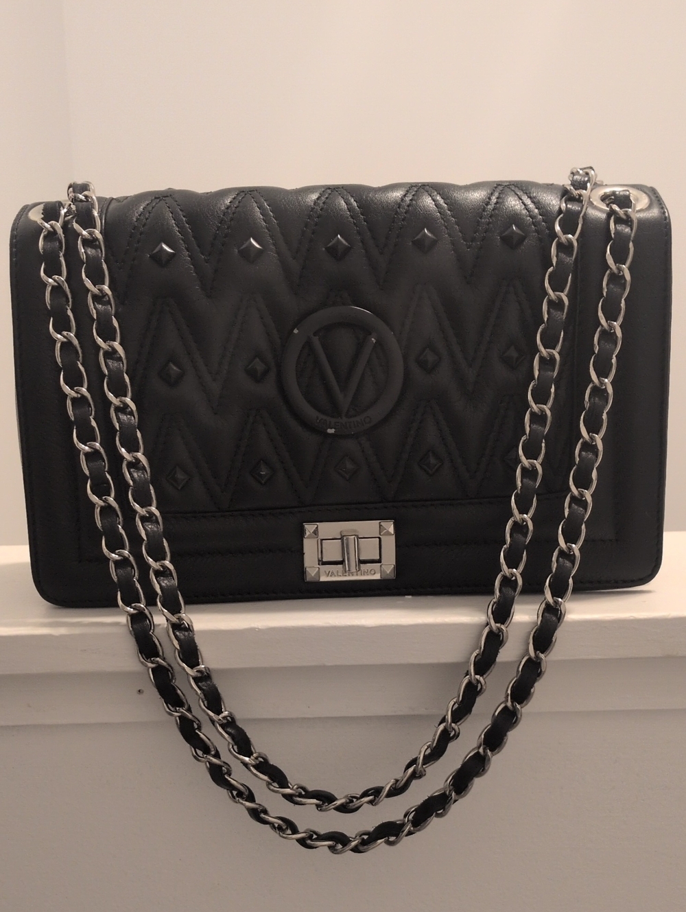 Valentino Black Quilted Leather Shoulder Bag with Silver Chain